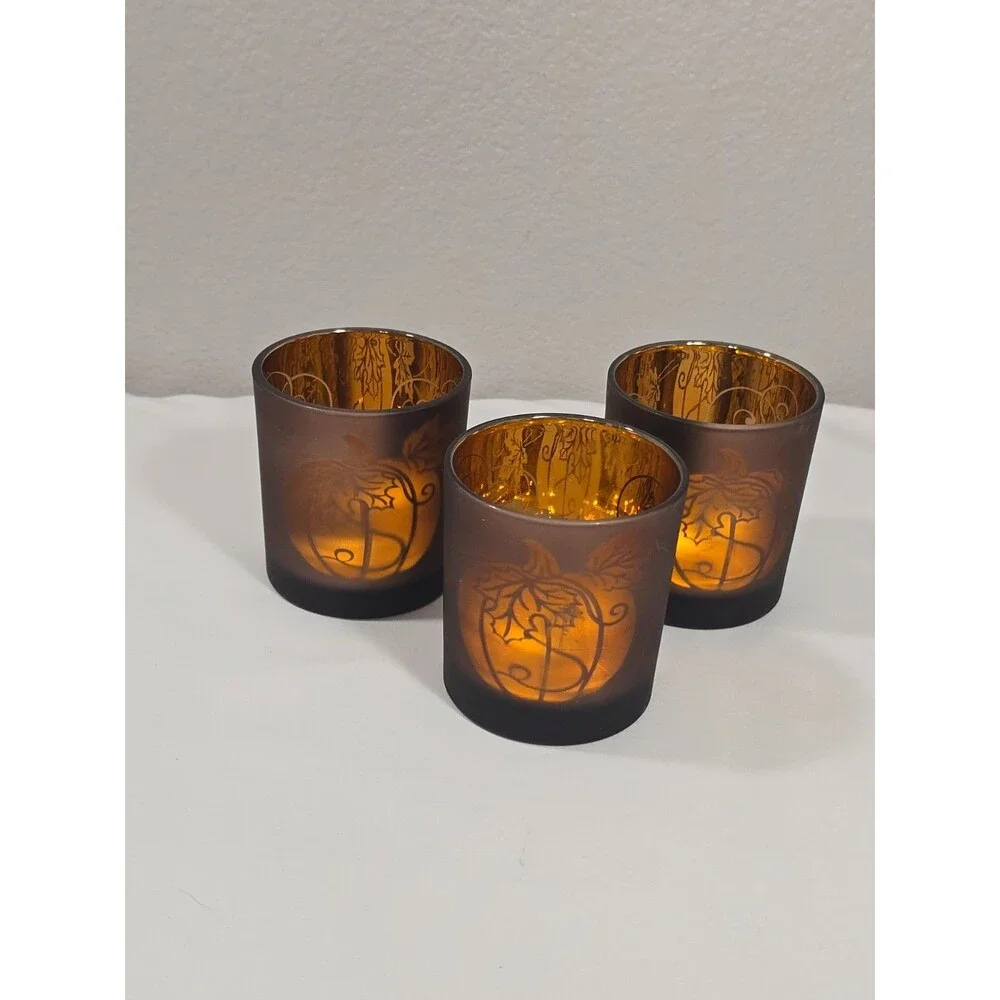 Yankee Candle Flickering Pumpkin Orange Votive/Tealight Glass Holder Fall Decor